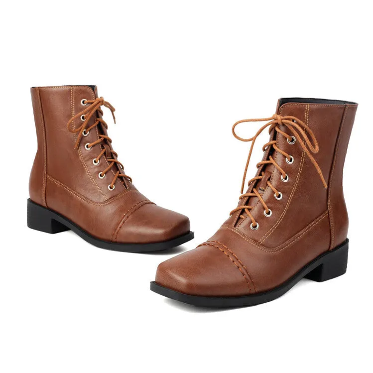 Women's Lace-Up Square Toe Low Heel Short Boots