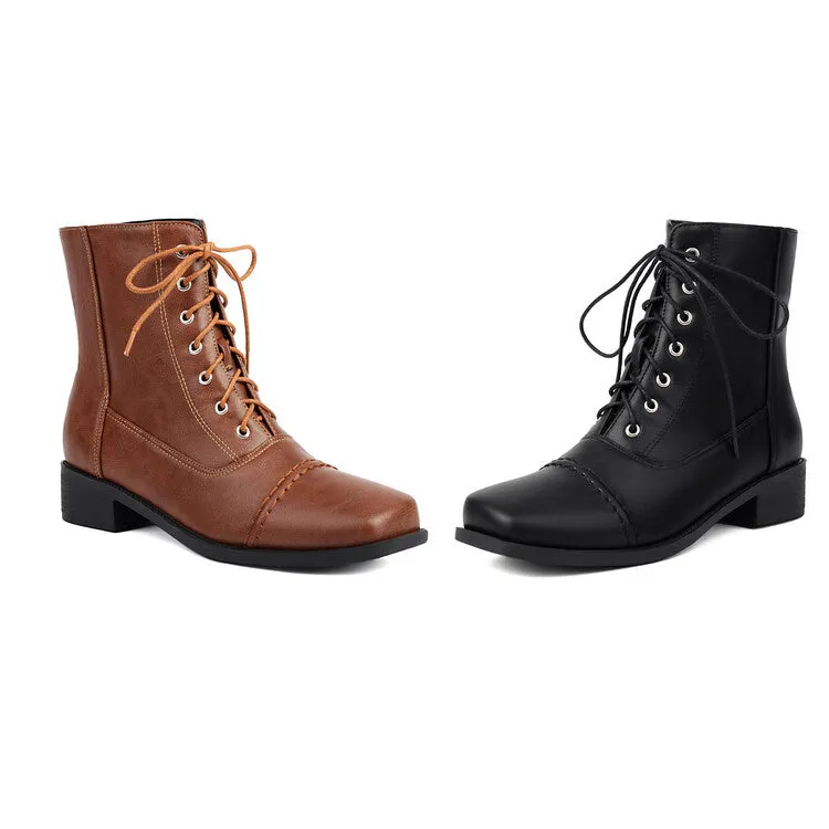Women's Lace-Up Square Toe Low Heel Short Boots