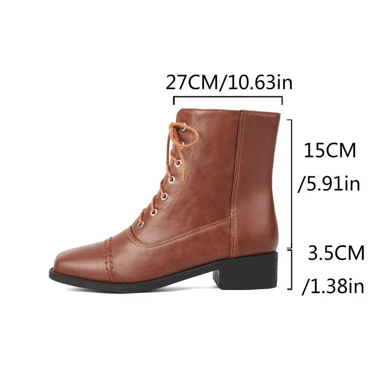 Women's Lace-Up Square Toe Low Heel Short Boots
