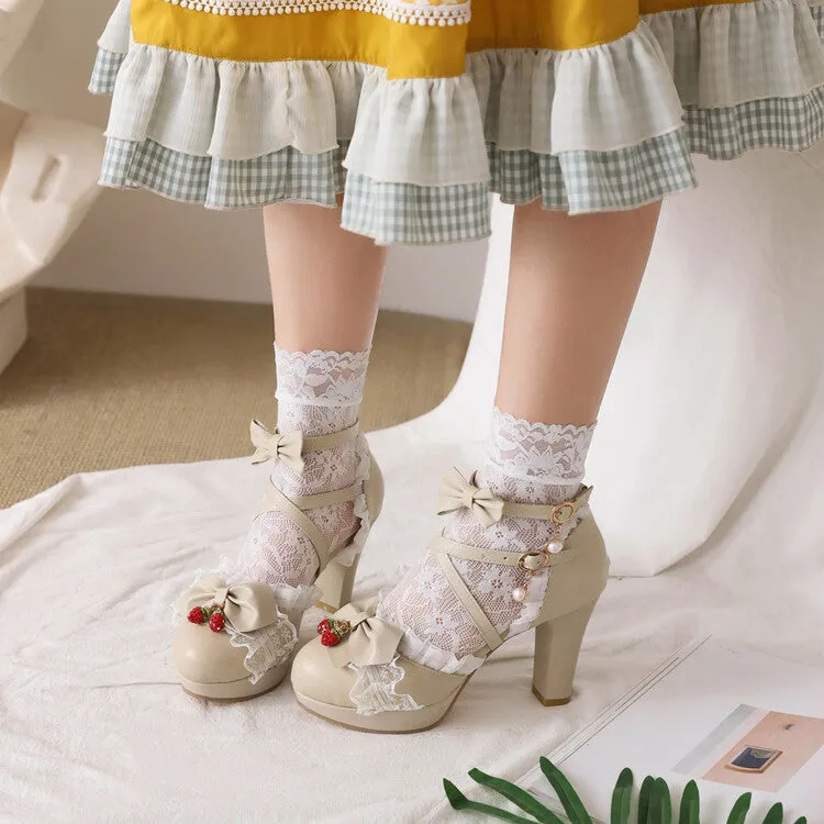 Women's Lolita Lace Butterfly Knot Chunky Heel Platform Sandals