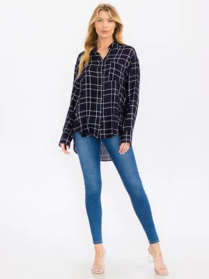 WOMEN'S LONG SLEEVE BUTTON CLOSURE FRONT POCKET HIGH-LOW PLAID TOP