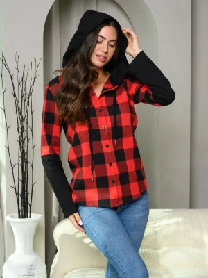 WOMEN'S LONG SLEEVE BUTTON UP PLAID HOODED TOP