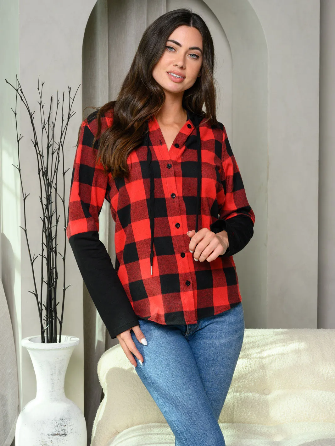 WOMEN'S LONG SLEEVE BUTTON UP PLAID HOODED TOP
