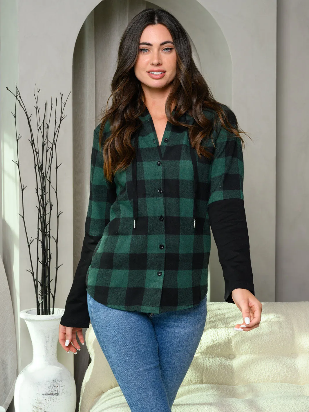 WOMEN'S LONG SLEEVE BUTTON UP PLAID HOODED TOP
