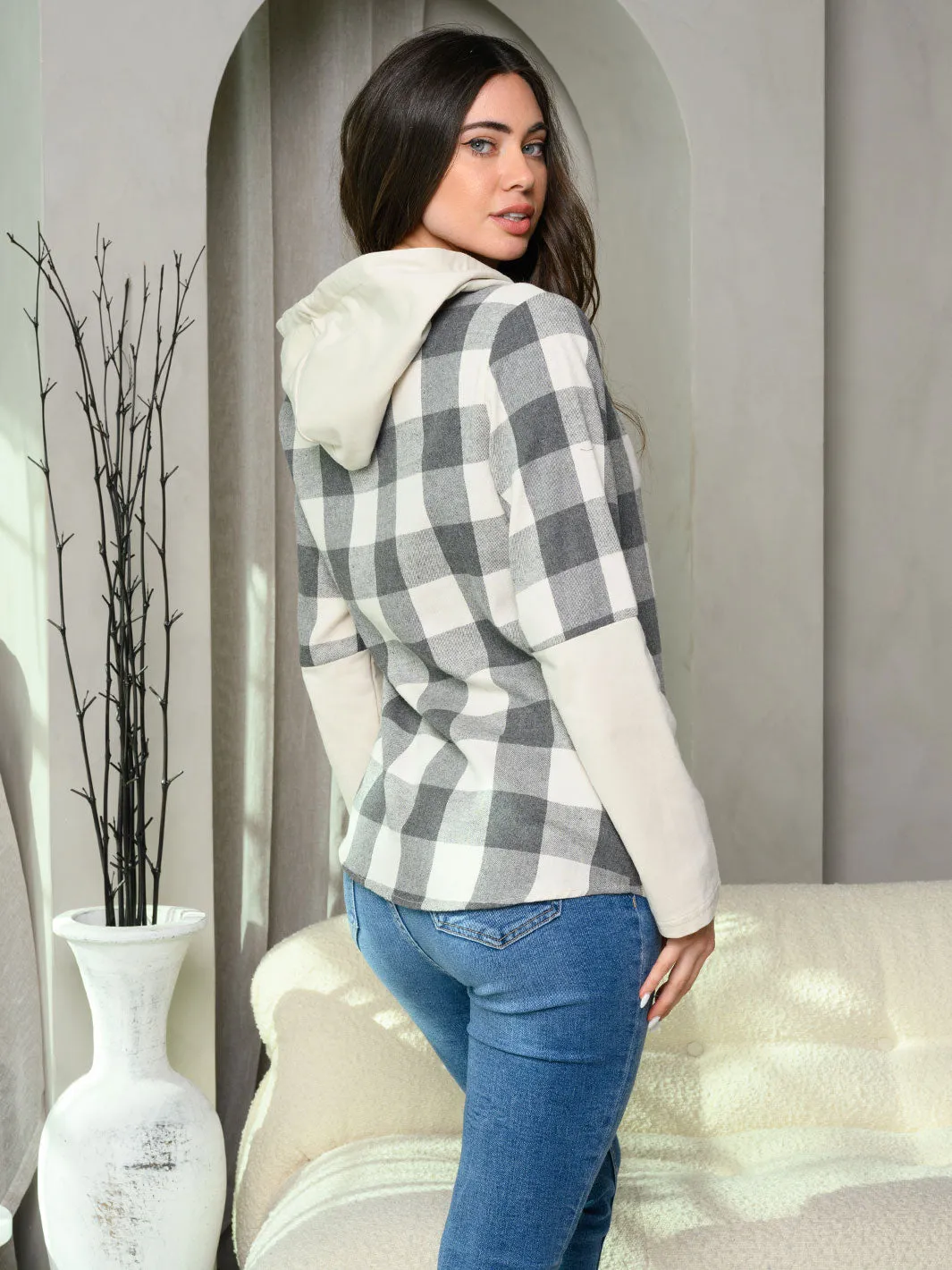 WOMEN'S LONG SLEEVE BUTTON UP PLAID HOODED TOP