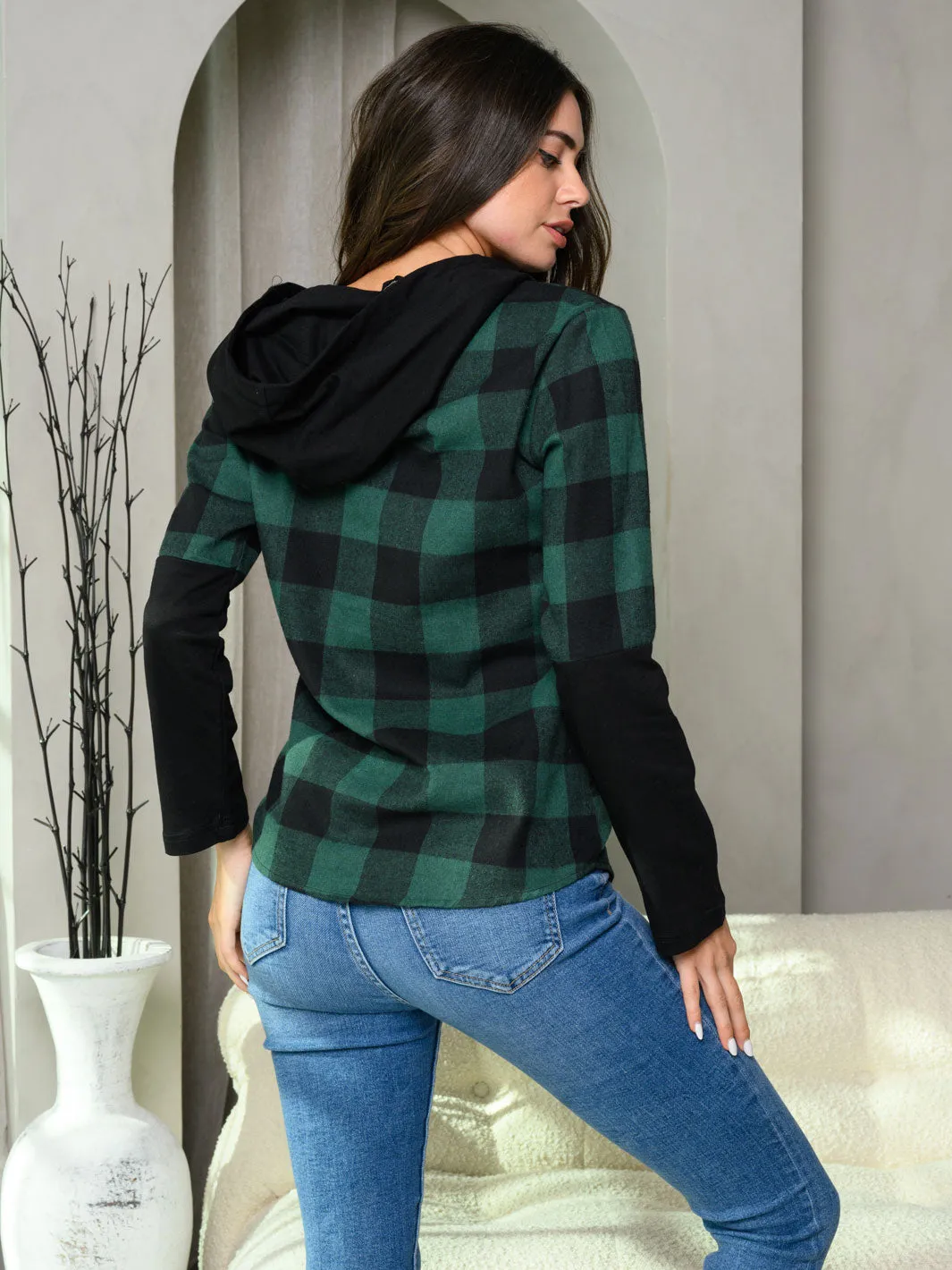 WOMEN'S LONG SLEEVE BUTTON UP PLAID HOODED TOP