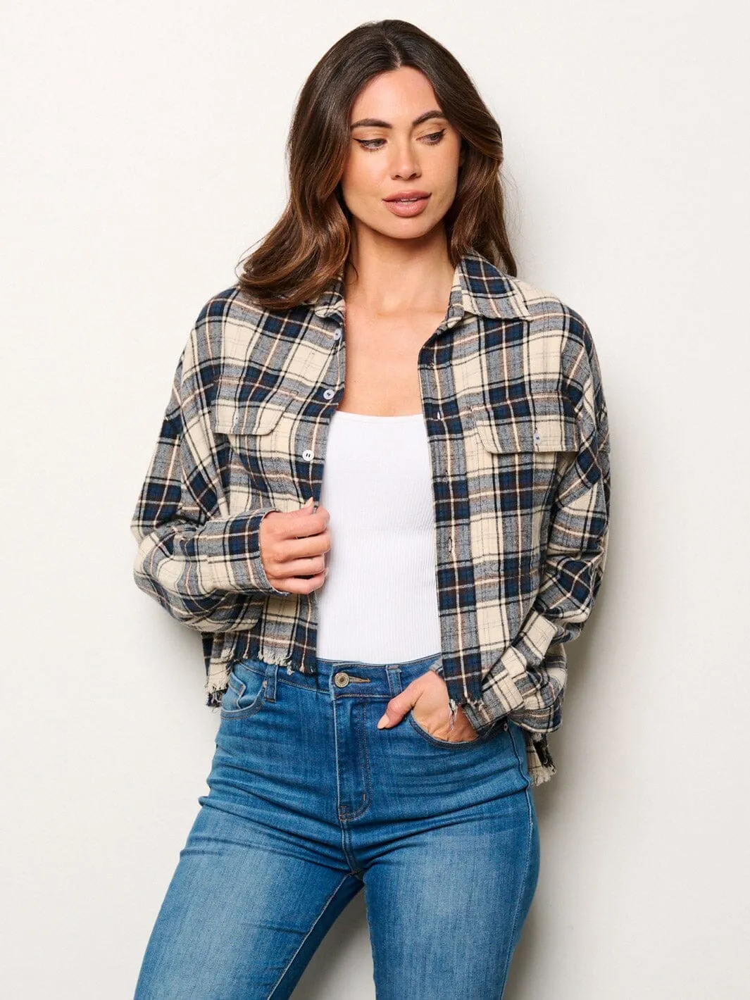 WOMEN'S LONG SLEEVE BUTTON UP PLAID TOP