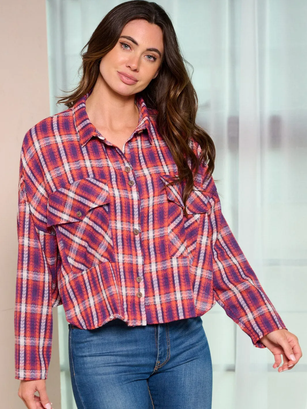 WOMEN'S LONG SLEEVE BUTTON UP POCKETS PLAID BLOUSE TOP