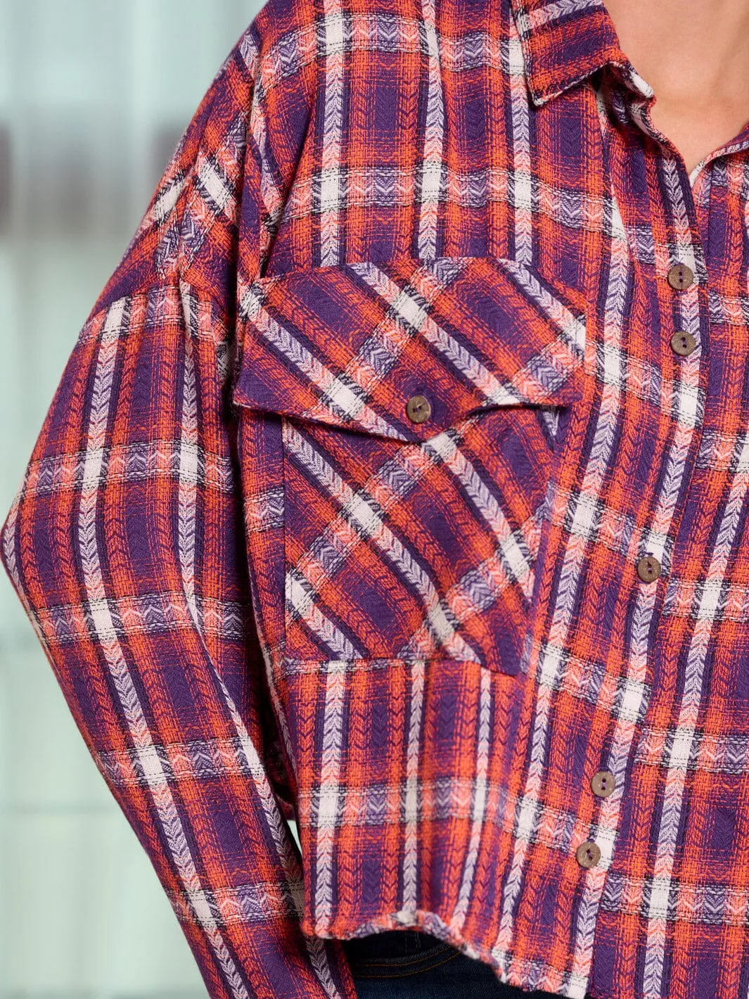 WOMEN'S LONG SLEEVE BUTTON UP POCKETS PLAID BLOUSE TOP