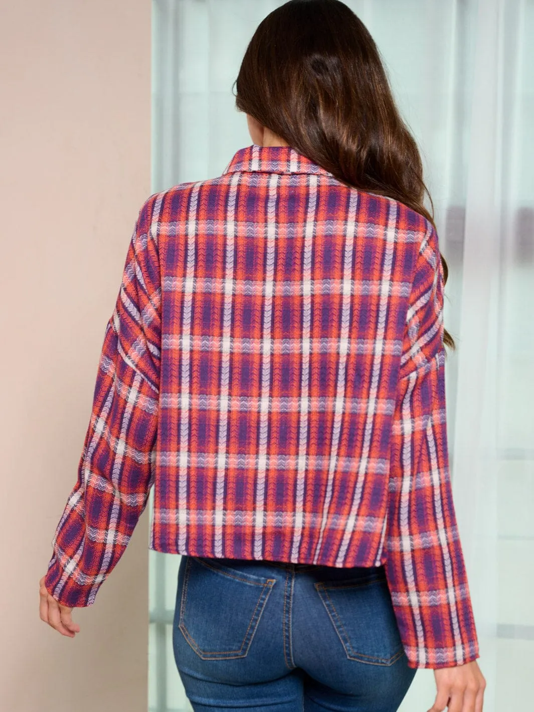 WOMEN'S LONG SLEEVE BUTTON UP POCKETS PLAID BLOUSE TOP