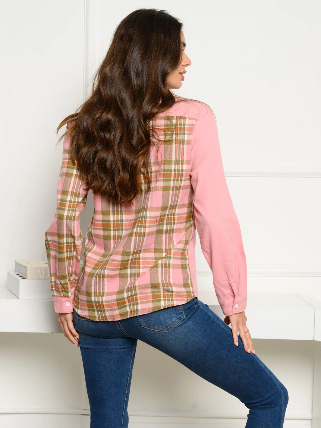 WOMEN'S LONG SLEEVE BUTTON UP SOLID PLAID CONTRAST TOP