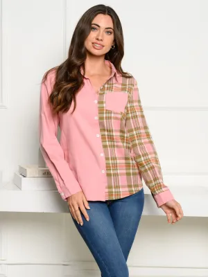 WOMEN'S LONG SLEEVE BUTTON UP SOLID PLAID CONTRAST TOP