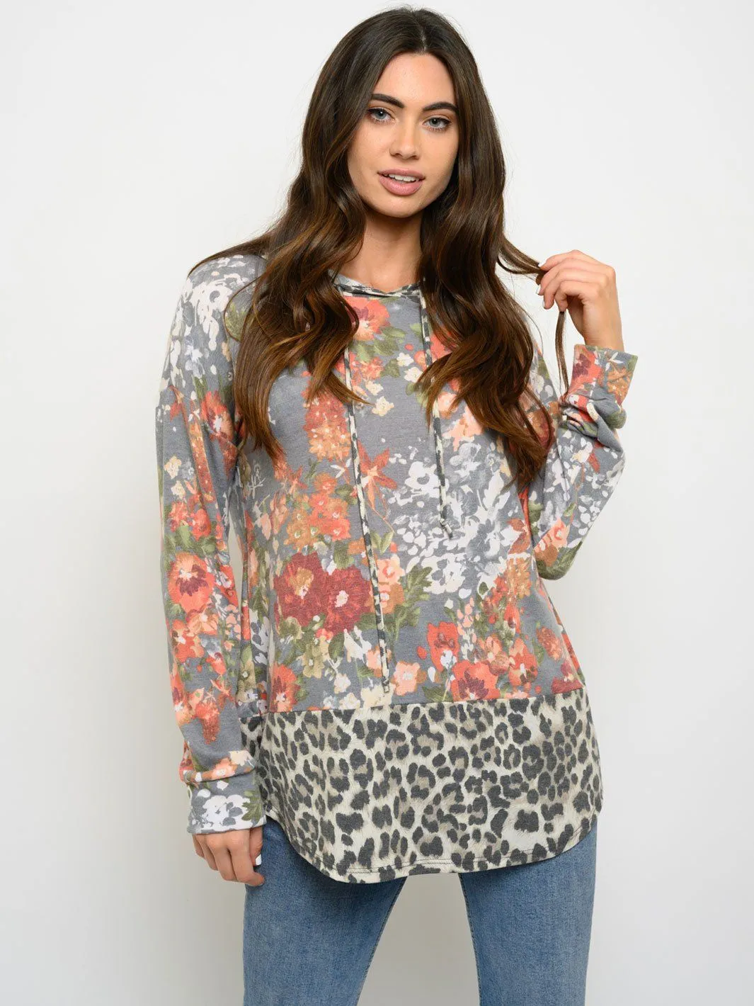 WOMEN'S LONG SLEEVE FLORAL HOODIE TOP