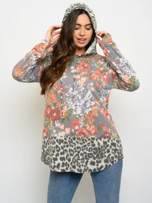 WOMEN'S LONG SLEEVE FLORAL HOODIE TOP