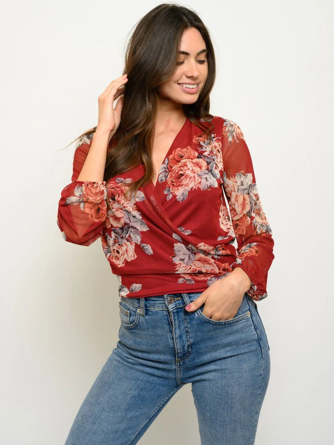 WOMEN'S LONG SLEEVE FLORAL WRAP TOP