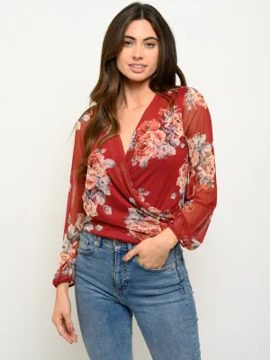 WOMEN'S LONG SLEEVE FLORAL WRAP TOP