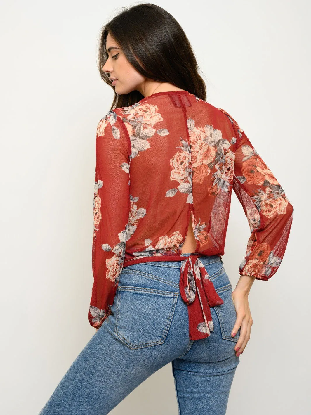 WOMEN'S LONG SLEEVE FLORAL WRAP TOP