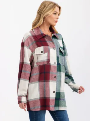 WOMEN'S LONG SLEEVE FRONT POCKETS BUTTON UP OVERSIZED PLAID SHIRT