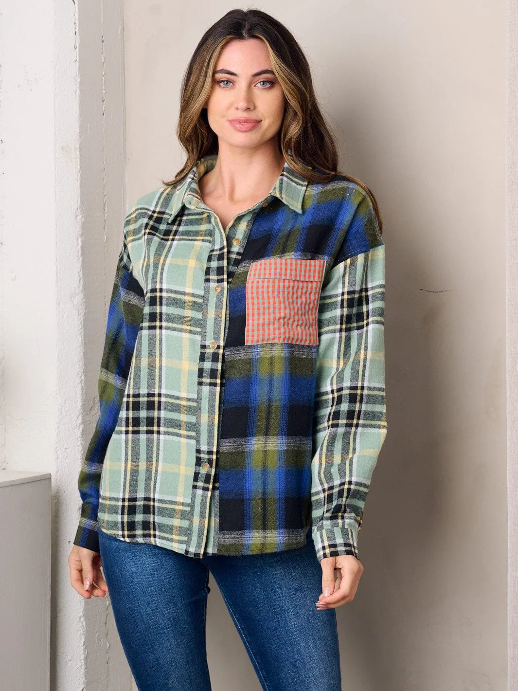 WOMEN'S LONG SLEEVE MULTI PLAID BUTTON UP TOP