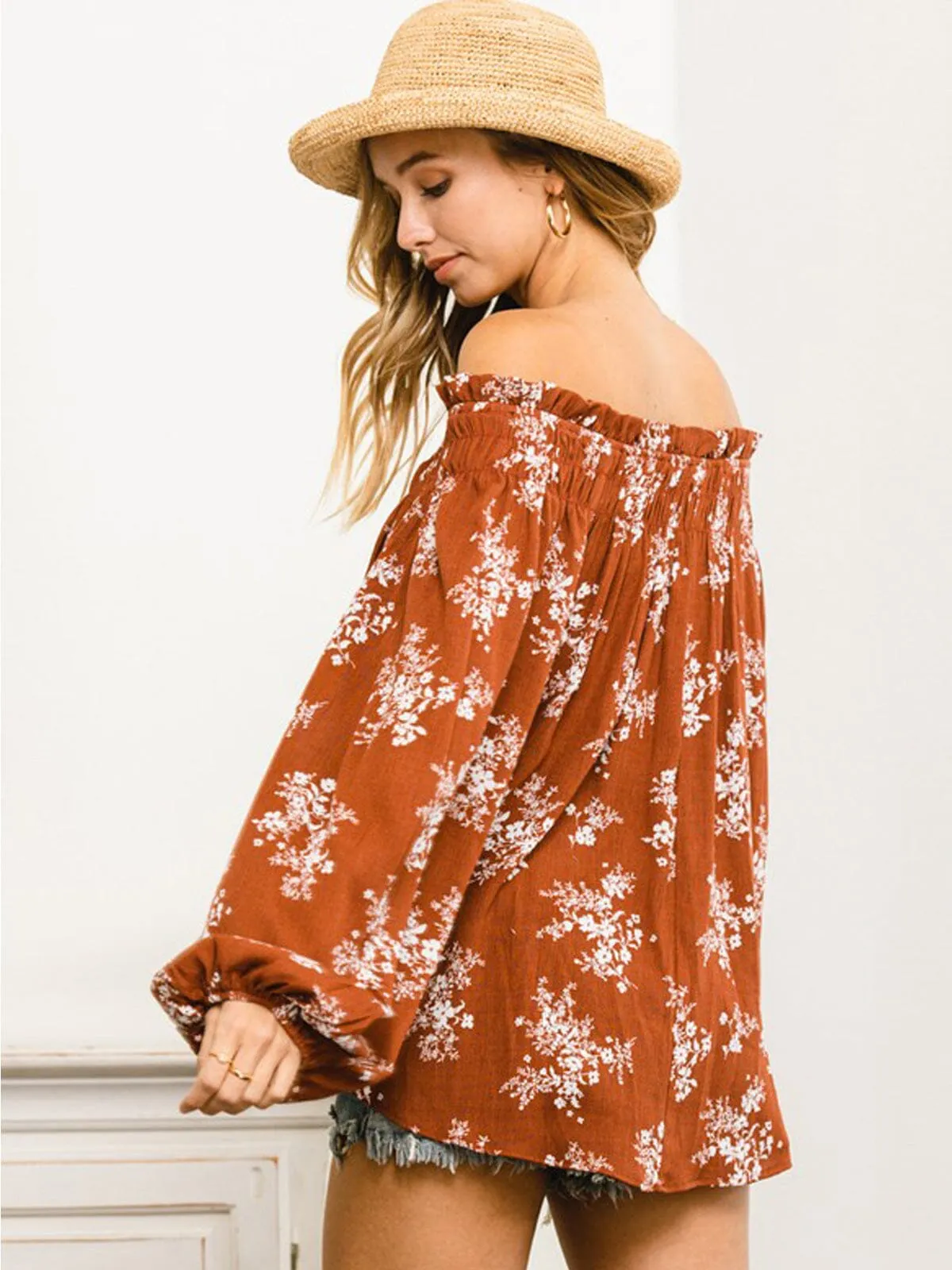 WOMEN'S LONG SLEEVE OFF SHOULDER SMOCK FLORAL TUNIC TOP