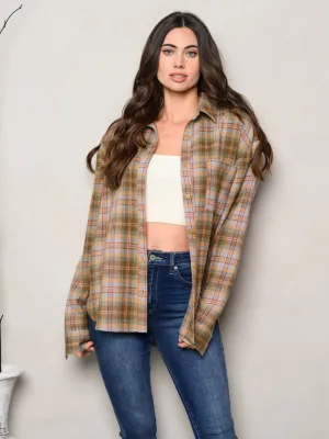 WOMEN'S LONG SLEEVE OVERSIZE BUTTON UP PLAID TOP
