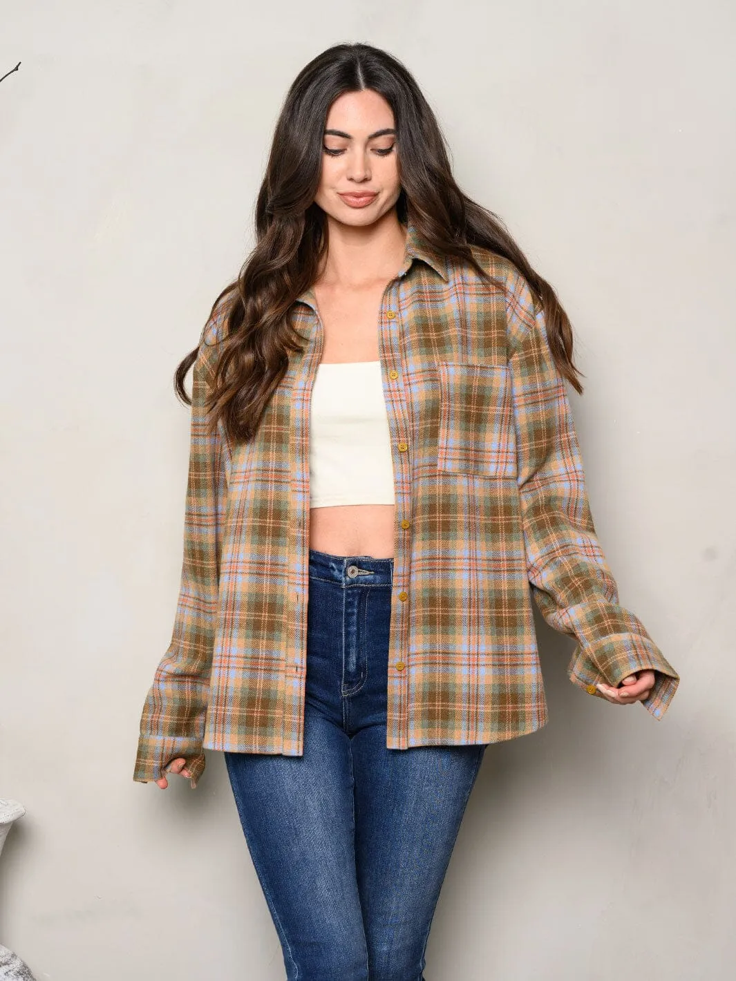 WOMEN'S LONG SLEEVE OVERSIZE BUTTON UP PLAID TOP