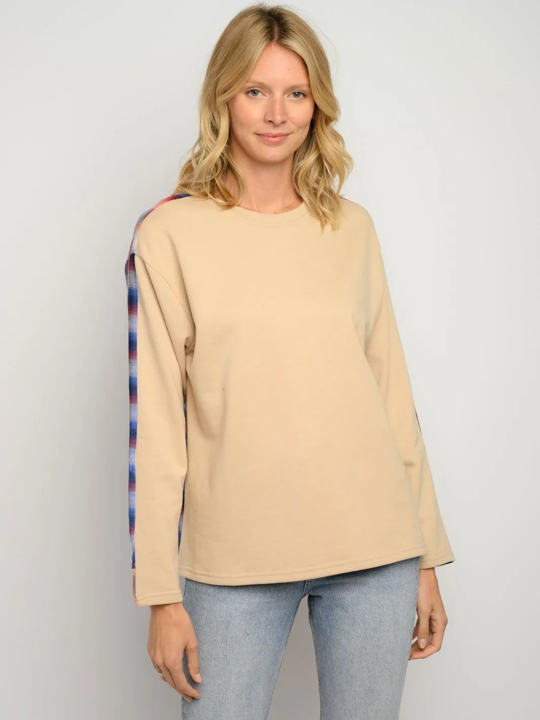 WOMEN'S LONG SLEEVE PLAID CONTRAST TOP