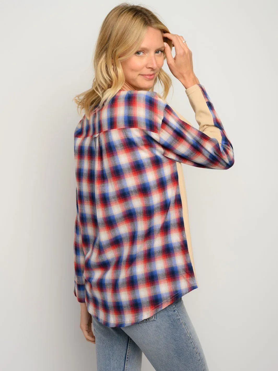 WOMEN'S LONG SLEEVE PLAID CONTRAST TOP
