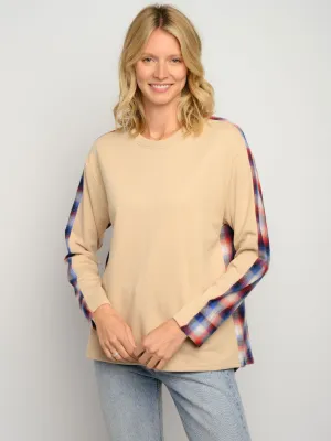 WOMEN'S LONG SLEEVE PLAID CONTRAST TOP