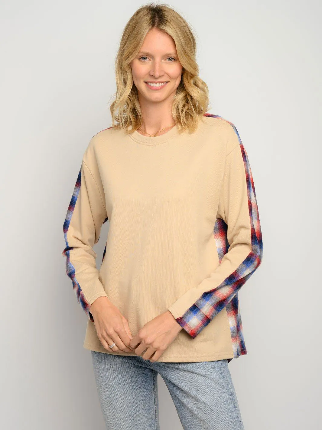 WOMEN'S LONG SLEEVE PLAID CONTRAST TOP