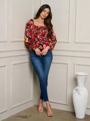 WOMEN'S LONG SLEEVE SMOCK FLORAL TOP
