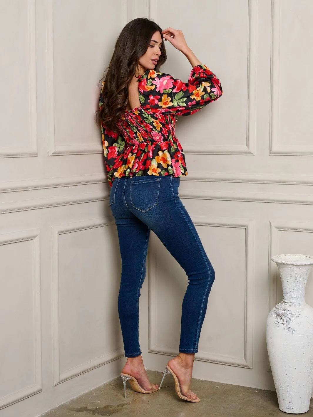 WOMEN'S LONG SLEEVE SMOCK FLORAL TOP