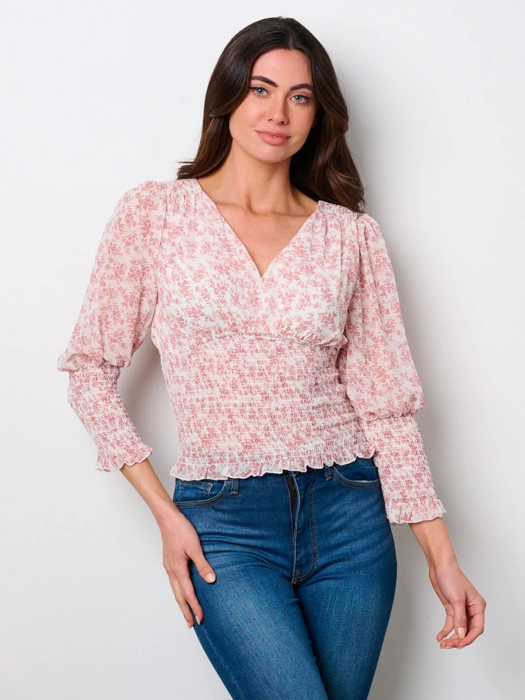 WOMEN'S LONG SLEEVE V-NECK SMOCK FLORAL BLOUSE TOP