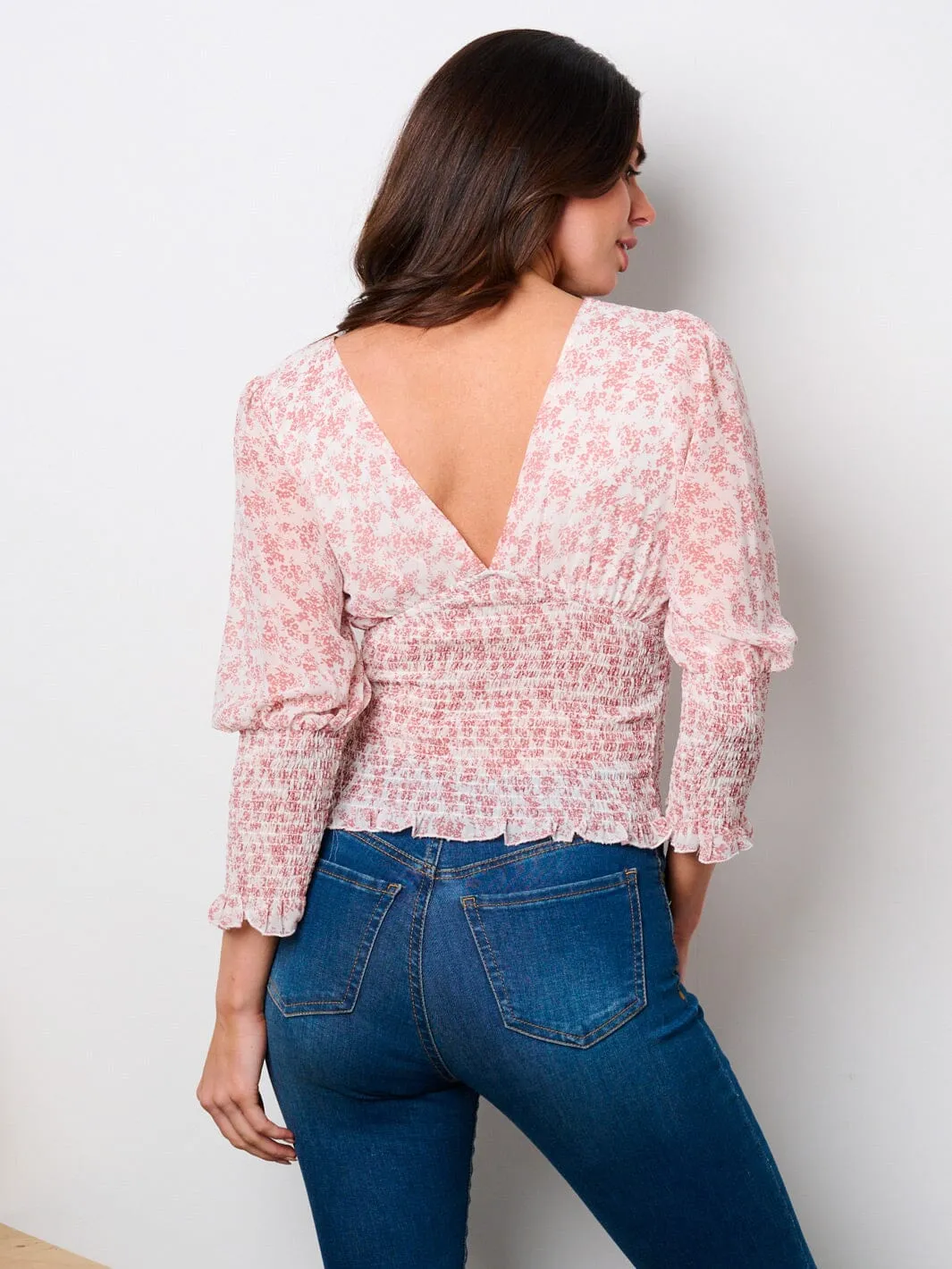 WOMEN'S LONG SLEEVE V-NECK SMOCK FLORAL BLOUSE TOP