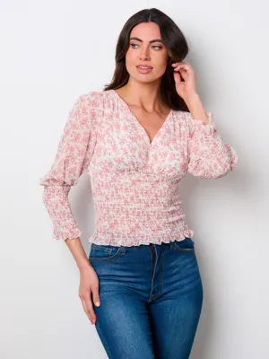 WOMEN'S LONG SLEEVE V-NECK SMOCK FLORAL BLOUSE TOP