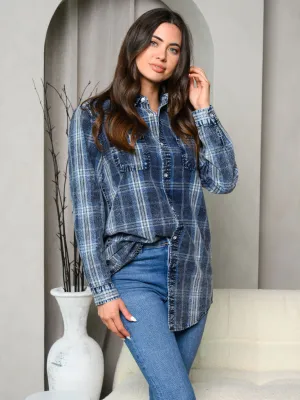 WOMEN'S LONG SLEEVE WASHED DENIM PLAID TOP