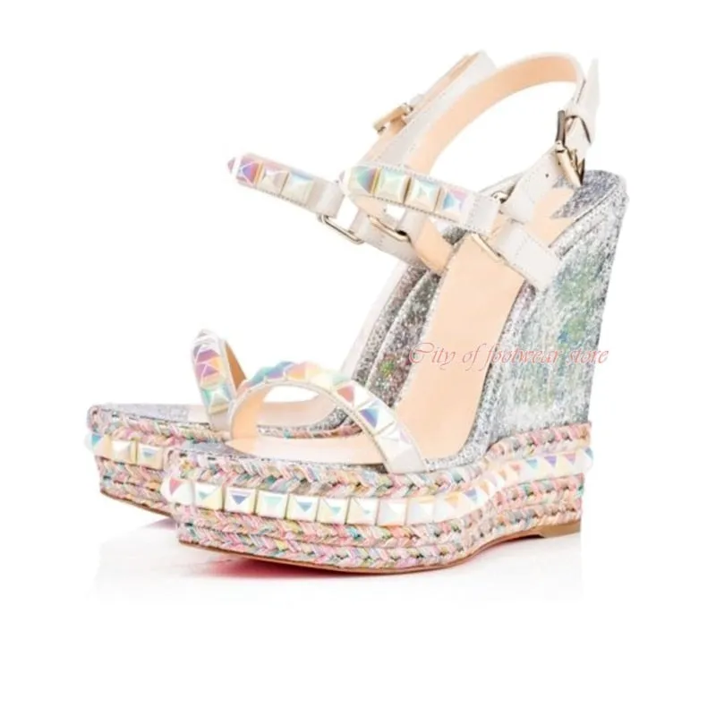 Women's Open Toe Platform Stud Espadrille Wedges Sandals Ankle Strap High Heeled Pump Luxury Designer Summer Beach Shoes Red