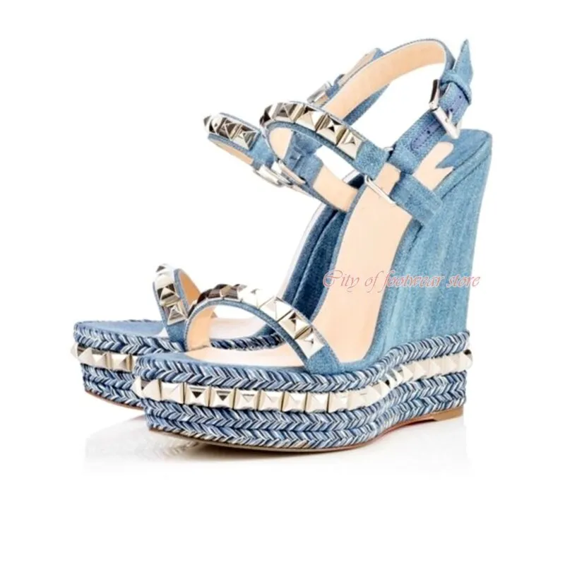 Women's Open Toe Platform Stud Espadrille Wedges Sandals Ankle Strap High Heeled Pump Luxury Designer Summer Beach Shoes Red