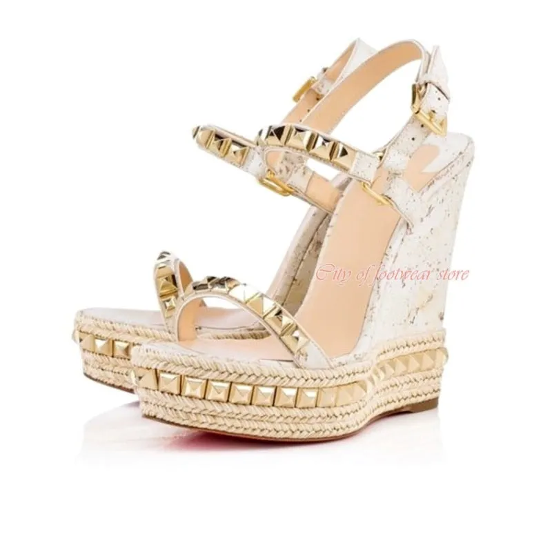 Women's Open Toe Platform Stud Espadrille Wedges Sandals Ankle Strap High Heeled Pump Luxury Designer Summer Beach Shoes Red