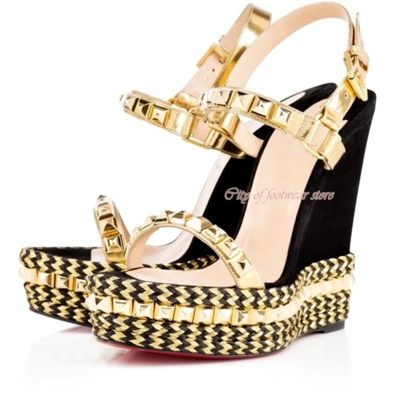 Women's Open Toe Platform Stud Espadrille Wedges Sandals Ankle Strap High Heeled Pump Luxury Designer Summer Beach Shoes Red