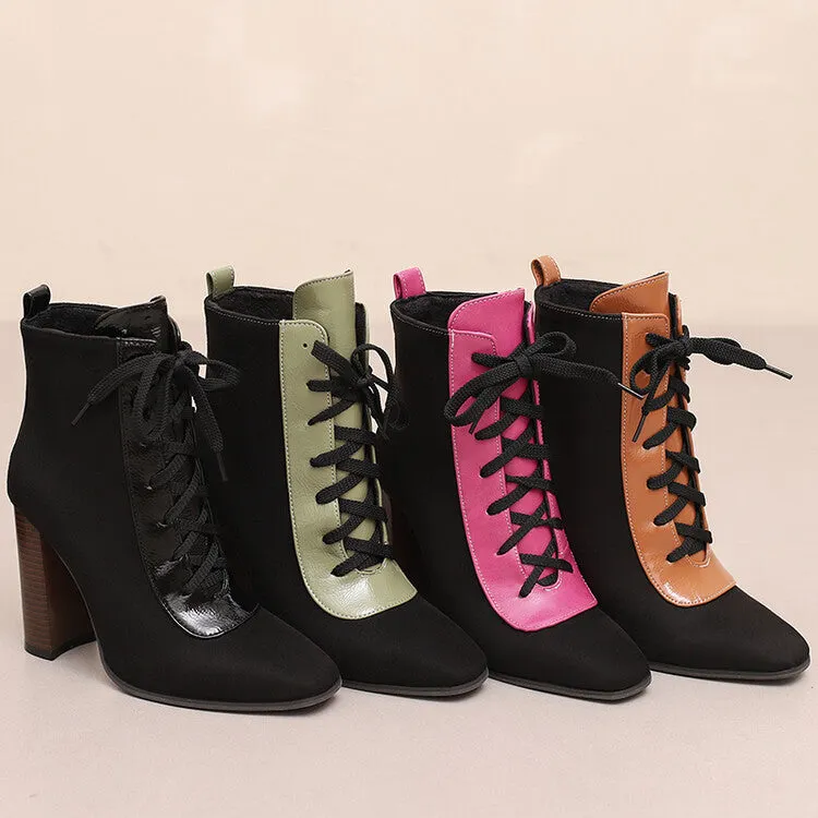 Women's Patchwork Lace Up Pointed Toe Square Heel Short Boots