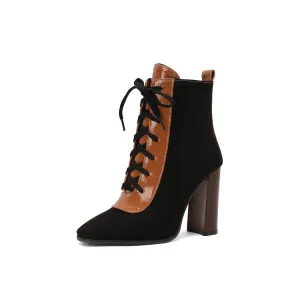 Women's Patchwork Lace Up Pointed Toe Square Heel Short Boots