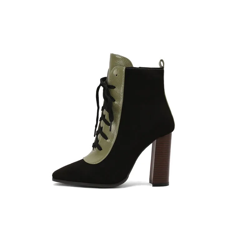 Women's Patchwork Lace Up Pointed Toe Square Heel Short Boots