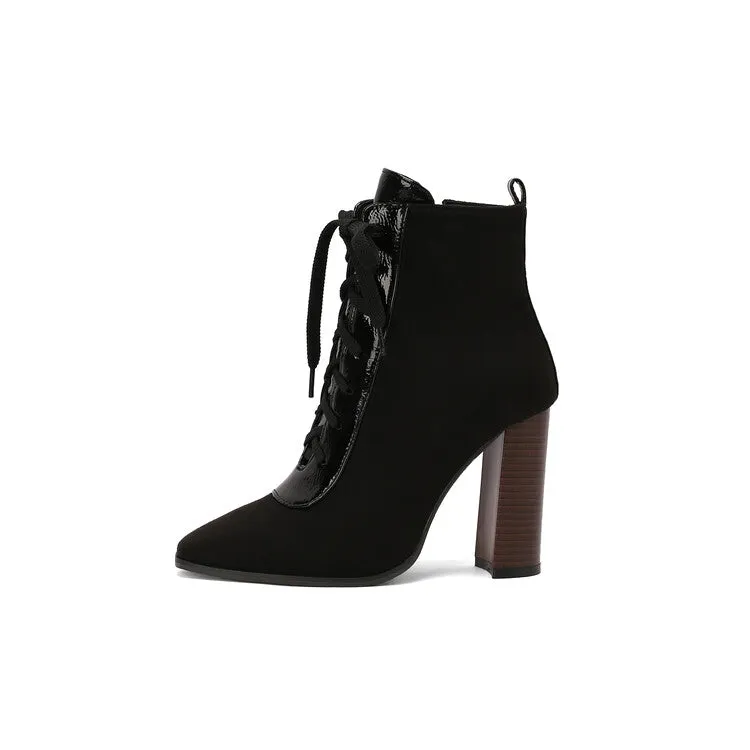 Women's Patchwork Lace Up Pointed Toe Square Heel Short Boots