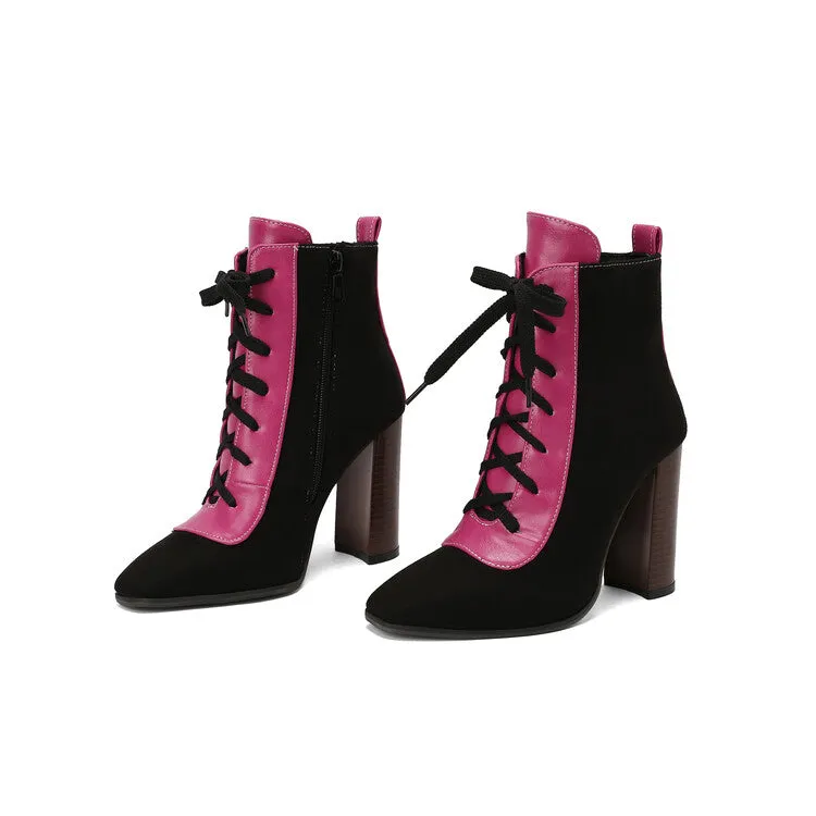 Women's Patchwork Lace Up Pointed Toe Square Heel Short Boots