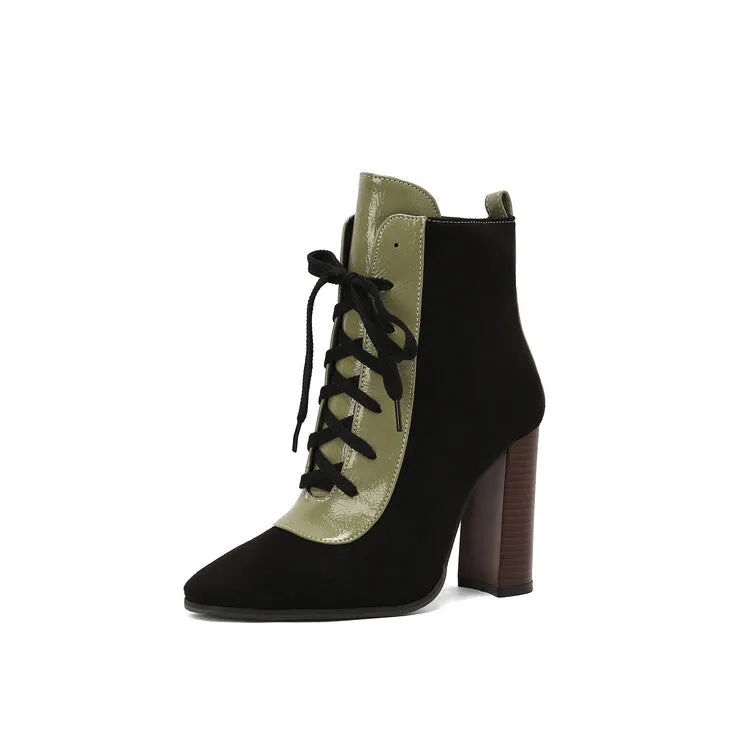 Women's Patchwork Lace Up Pointed Toe Square Heel Short Boots