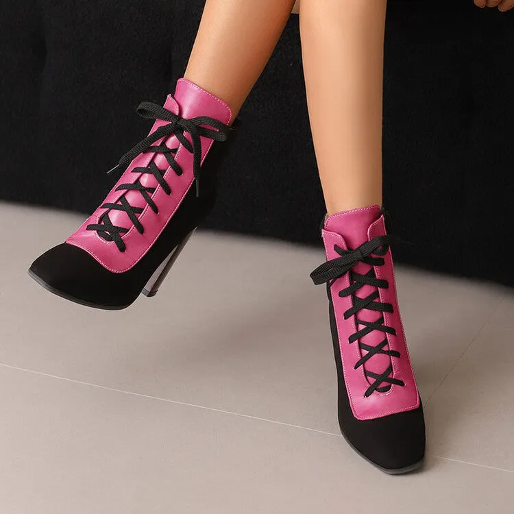 Women's Patchwork Lace Up Pointed Toe Square Heel Short Boots