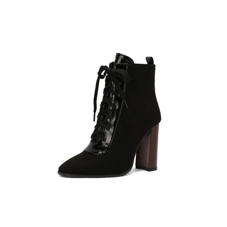Women's Patchwork Lace Up Pointed Toe Square Heel Short Boots