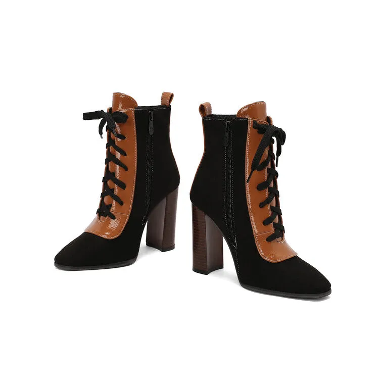 Women's Patchwork Lace Up Pointed Toe Square Heel Short Boots