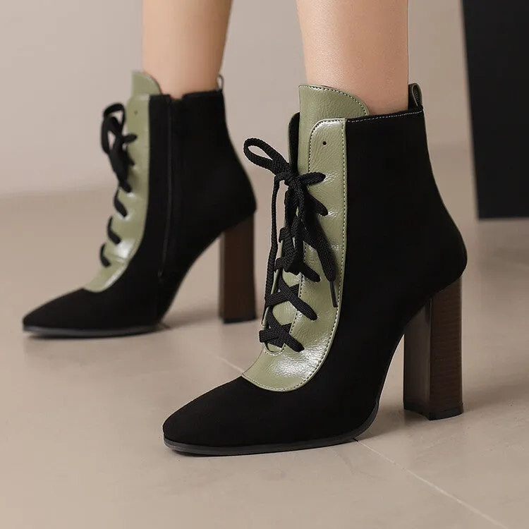 Women's Patchwork Lace Up Pointed Toe Square Heel Short Boots